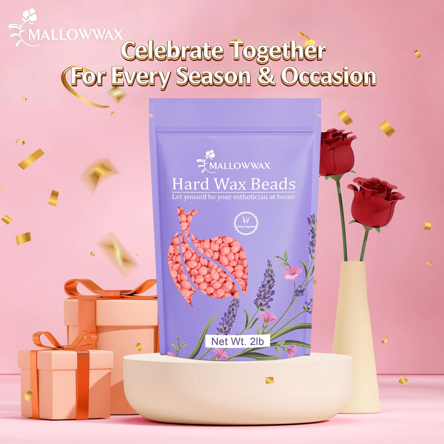 Mallowwax Hard Wax Beads for Hair Removal, 2LB – Premium Hair Removal Wax Refill for Sensitive Skin with Rose Formula, Ideal for Facial and Brazilian Areas