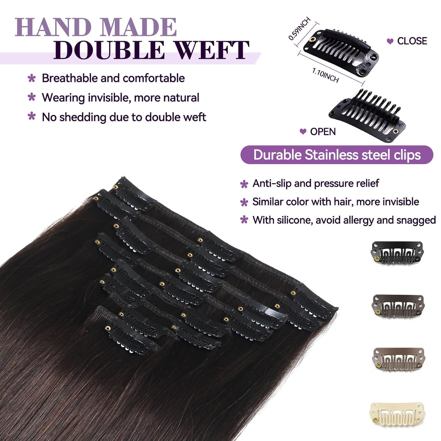 Real Human Hair Clip-In Extensions - 16 Inch, 90g Seamless Double Weft, Dark Brown | 8 Pieces