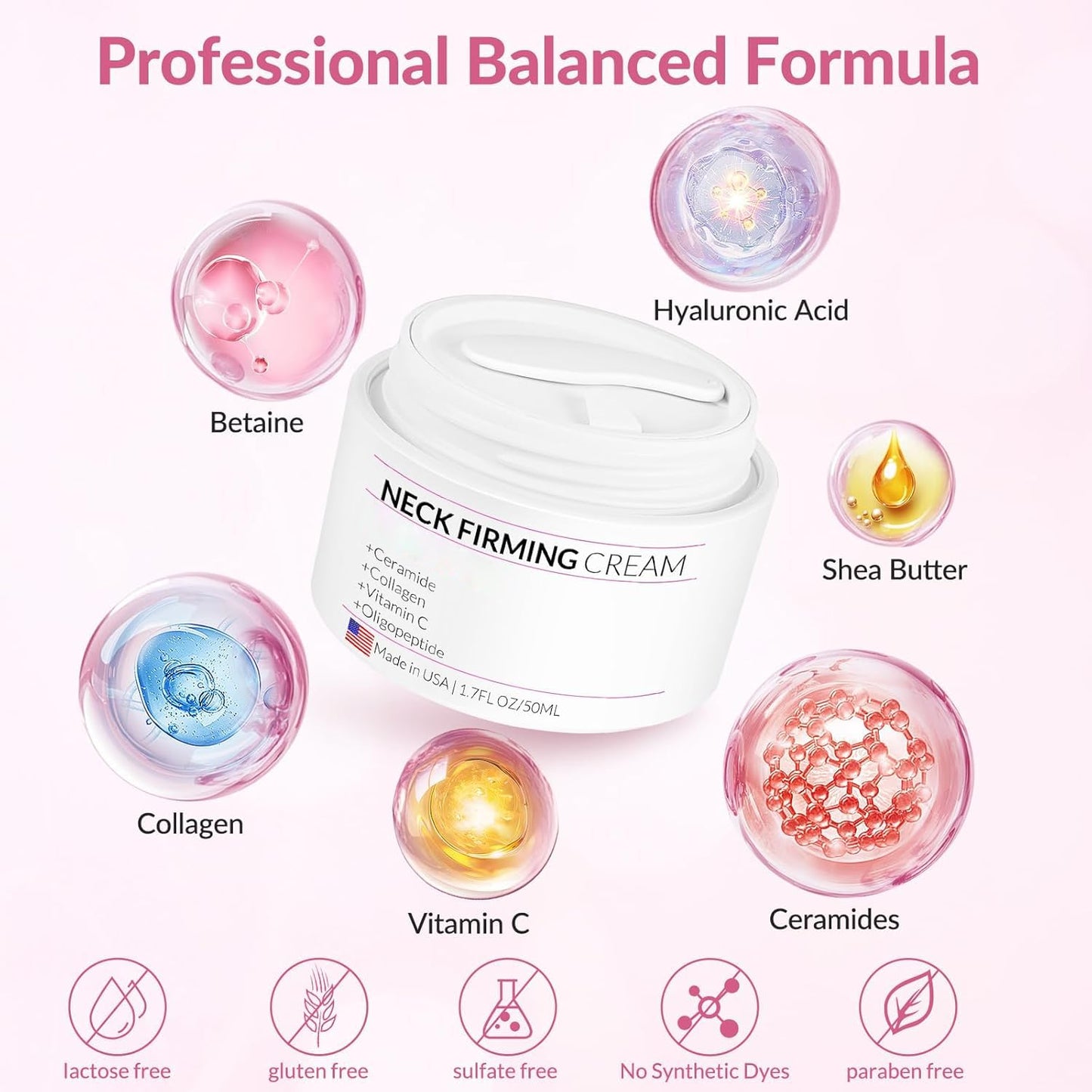 Neck Firming Cream with Collagen & Hyaluronic Acid - Made in USA, Anti-Aging Moisturizer Neck Cream for Tightening and Lifting, Women Facial Skin Care Wrinkle Cream for Face Neck Décolleté-1.7 fl.oz