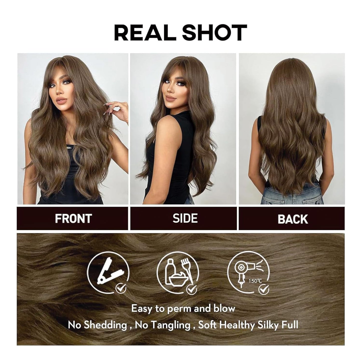 YOUGRACE Ombre Blonde Wig with Bangs Long Wavy Ombre Wigs for Women 26 Inch Curly Blonde Wigs with Dark Root Synthetic Heat Resistant Wigs for Daily Party Use