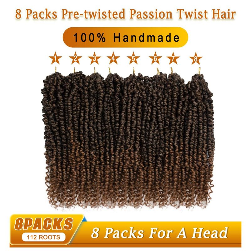 Nice One Pre-Twisted Passion Twist Hair 12 Inch, 112 Strands Short Passion Twist Crochet Hair for Women 8 Packs Ombre Brown Pre-Looped Passion Twists Braiding Synthetic Hair Extensions (12inch,T30#)