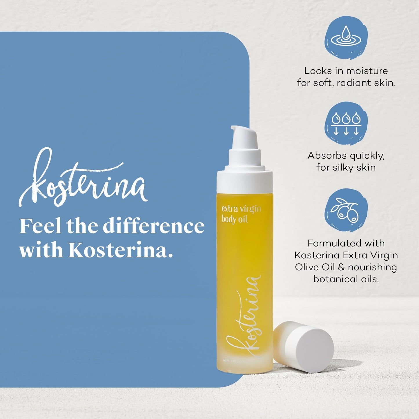 Kosterina Extra Virgin Body Oil | Hydrating, All-Natural Moisturizer with Antioxidants, Olive Oil, Squalane, Herb Spice Blend | 3.38oz (100ml)