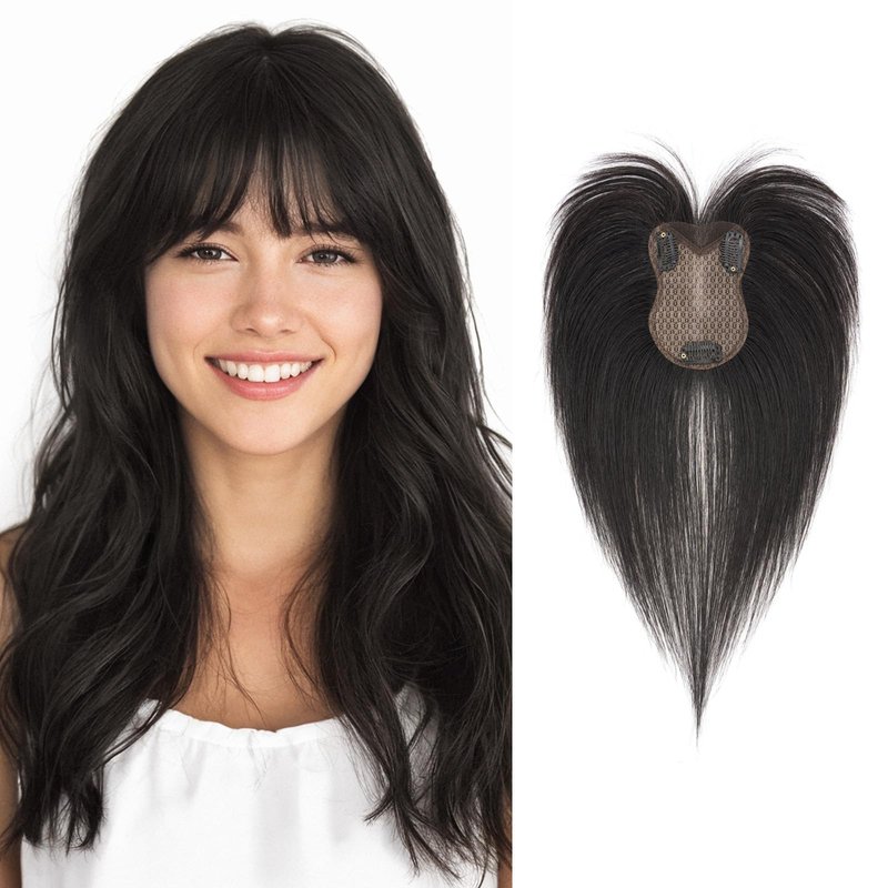 TESS Hair Topper Real Human Hair Toppers for Women with Thinning 11 Inch 360° Cover Clip in with Bangs Upgrade Lace Base Daily Wear, Nature Black