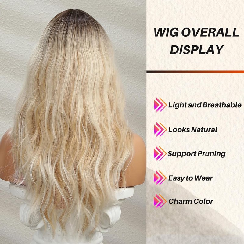 Wavy Blonde Wig with Bangs - Ombre Curtain Bangs, Long Ash Blonde Hair | Heat-Resistant Synthetic Wig for Halloween & Cosplay
