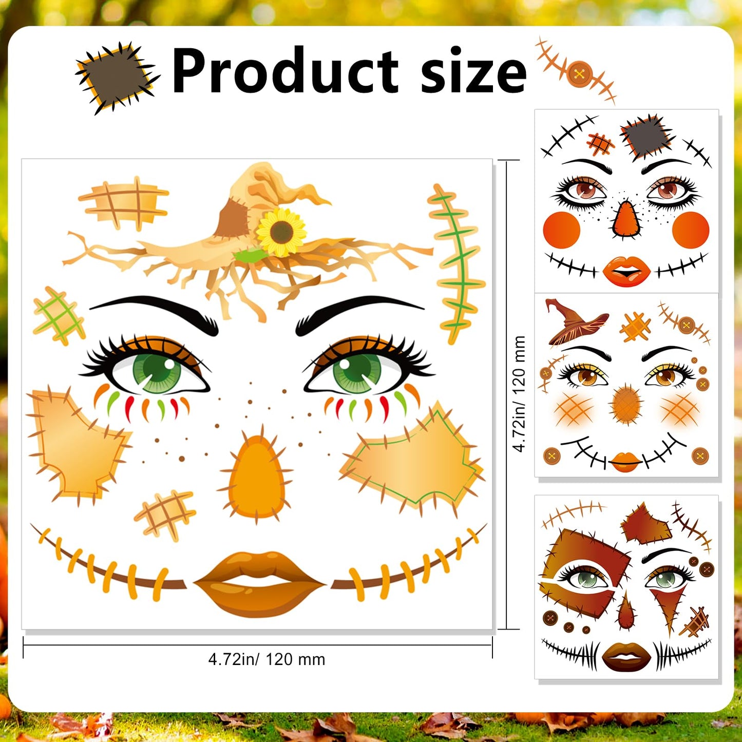 HOWAF 4 Sheets Scarecrow Face Tattoos for Halloween Scarecrow Costume, Straw Witch Sunflower Temporary Tattoos for Scarecrows Cosplay Supplies, Scarecrows Fake Tattoos Full Face Tattoo