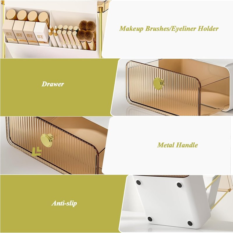 3 Tiers Makeup Organizer - Cosmetic Display with Drawer & Lipstick Holder | Amber Color for Vanity & Bathroom