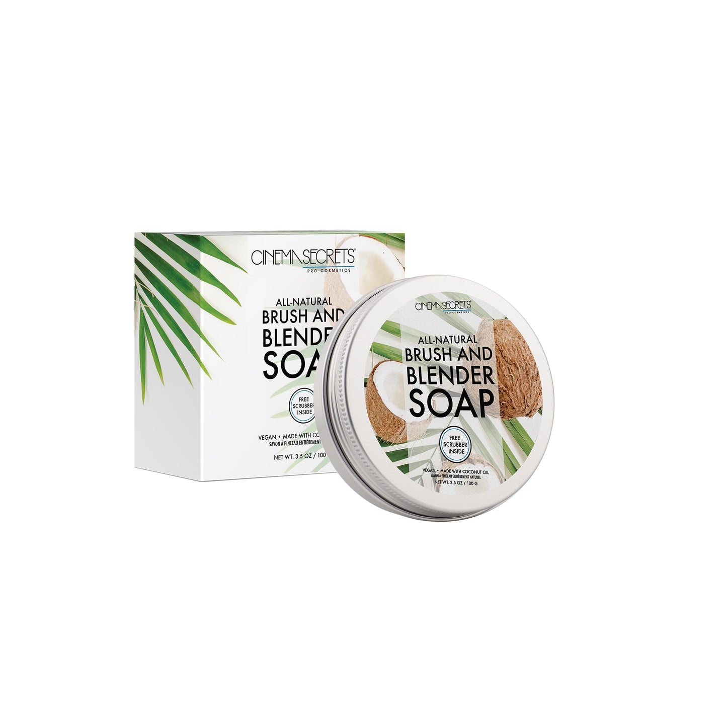 CINEMA SECRETS All Natural Vegan Brush Soap & Blender Bundle, coconut oil based, scrubber included.