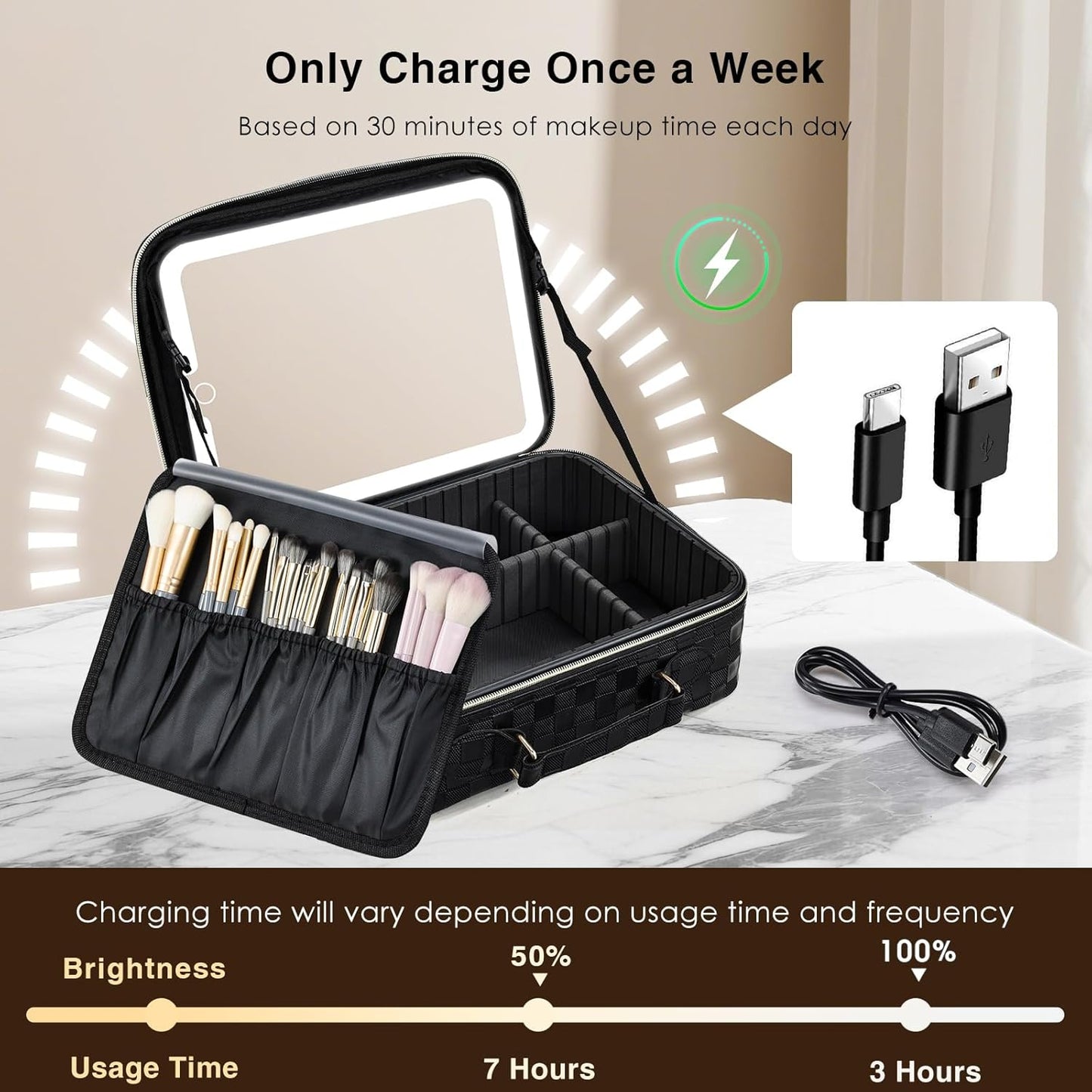 LED Lighted Makeup Bag - 12.2" Travel Cosmetic Organizer with Adjustable Brightness | Black Checkerboard Design, Dividers & Brush Holder