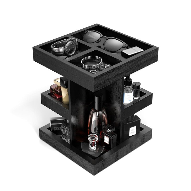Cologne Organizer for Men with Metal Base, 360° Rotating Perfume Stand Heavy Duty, 3 Tier Wooden Cologne Shelf, Large Capacity Fragrance Display for Bathroom Dresser, Smooth Swivel Bearing (Black)