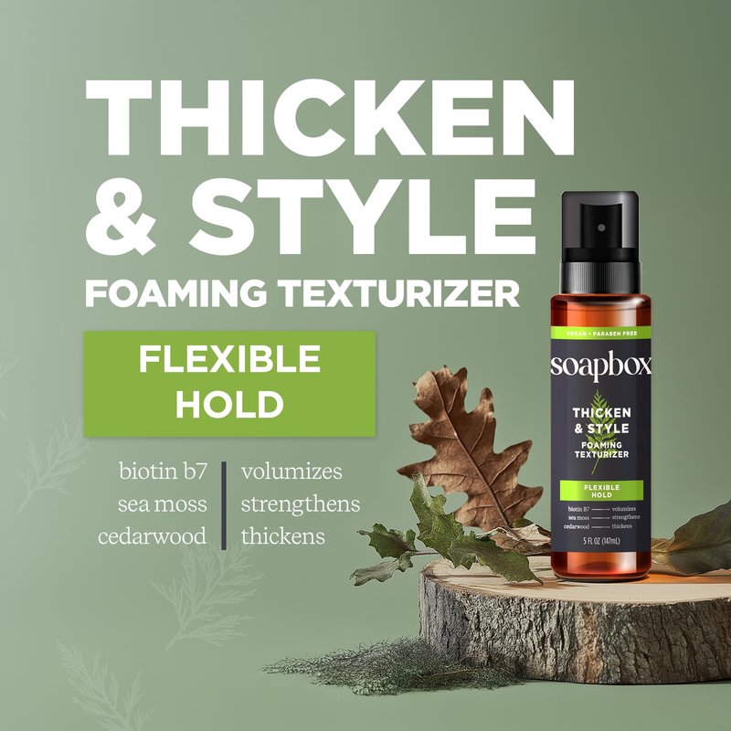Soapbox Men's Thicken & Style Foaming Texturizer, Hair Looks Thicker, Fuller, & Volumized - Clean Ingredients Free of Harsh Chemicals, Sulfates, Parabens & Silicones - Styling Hair Products for Men