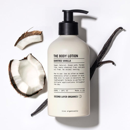 Second Layer Organics Daintree Vanilla Body Lotion | Deep Hydration with Organic Shea, Aloe & Coconut | Fast-Absorbing, Non-Greasy, Vegan Moisturizer for All Skin Types.