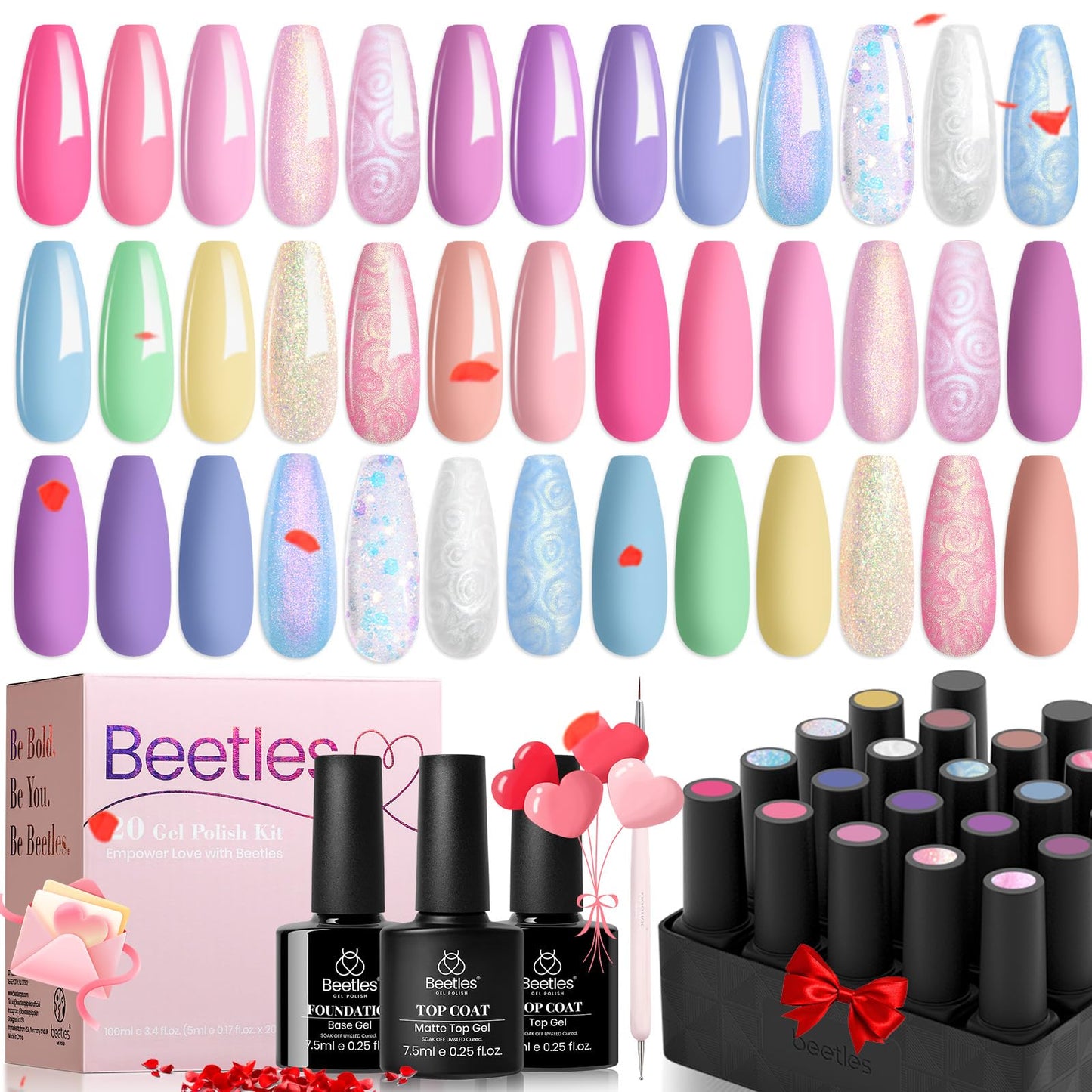 beetles Gel Polish Nail, 20 Colors Pastel Pink Blue Purple Chameleon Glitter Gel Polish and Beetles Nail Art Polish Set 6 Colors Pastel Yellow Green Nude Pink Purple Orange Gel Liner Nail Art Kit