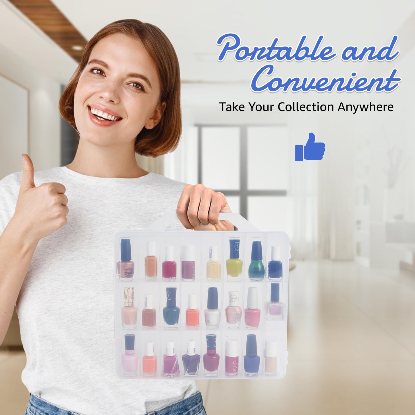 AISLE 3 ESSENTIALS Nail Polish Organizer for 48 Bottles, Clear Double Sided Nail Polish Storage Case with Adjustable Dividers, Portable Nail Supplies Organizer with Handle