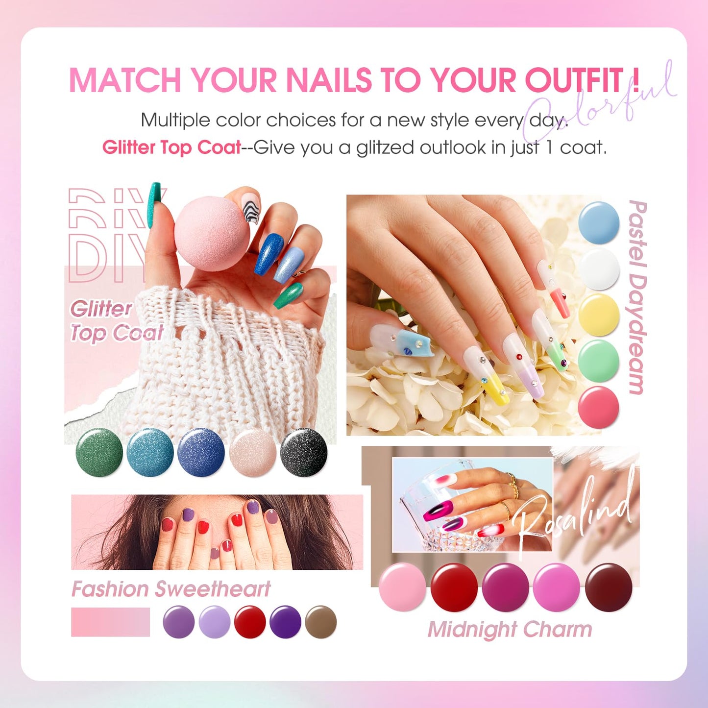 ROSALIND 30pcs Gel Nail Polish Set, 26 Colors Gel Polish with 3Pcs Glossy Matte Glitter Top Coat and Base Coat All Seasons Nude Blue Red Gel Nails art Kit DIY Salon at Home