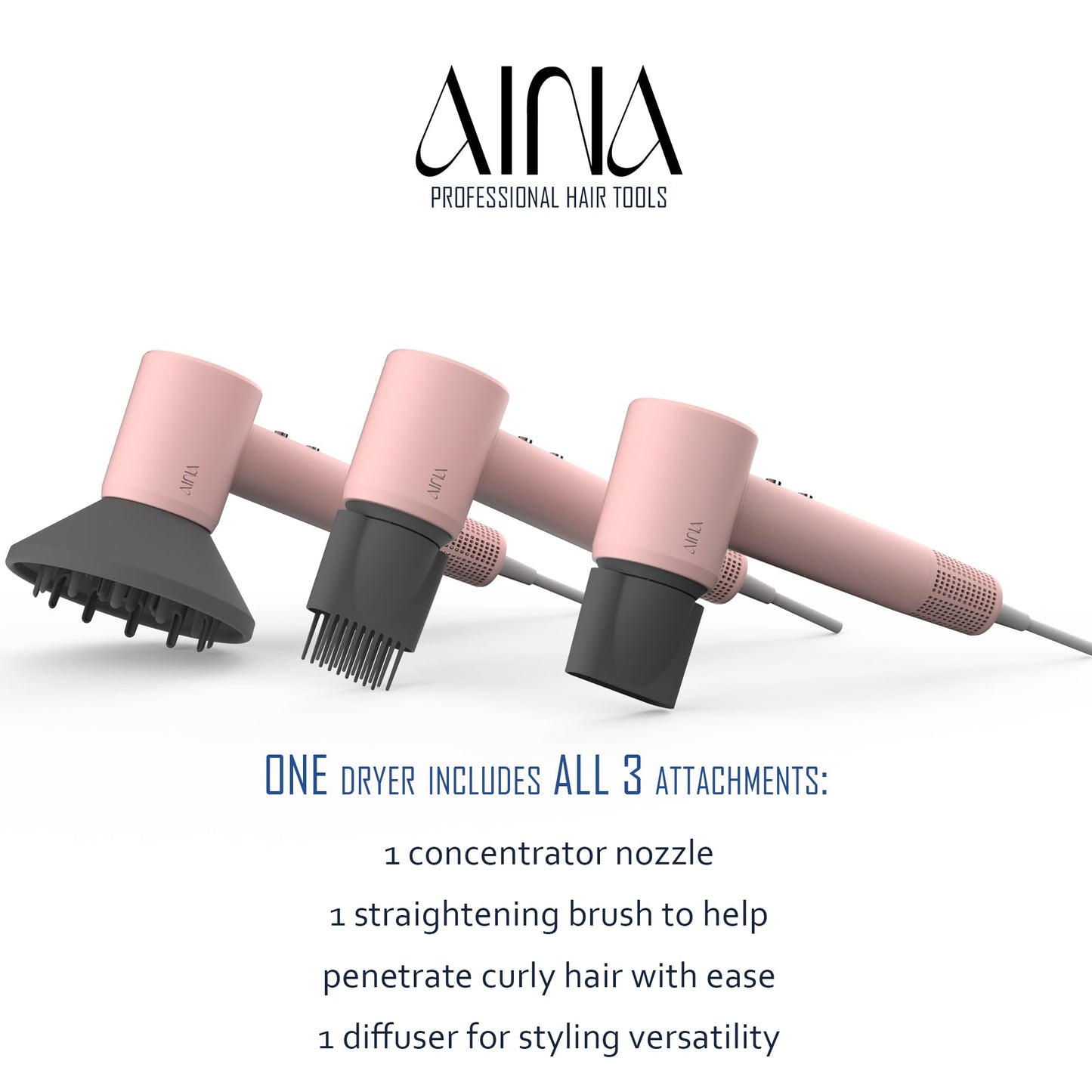 AINA Hair Dryer,Blow Dryer with Diffuser Brush Comb for Women - BLDC Hair Dryer - Brushless Motor, 110,000 RPM Lightweight,Ionic Travel, 3 Magnetic Attachments 110V/ALCI(Baby Pink)