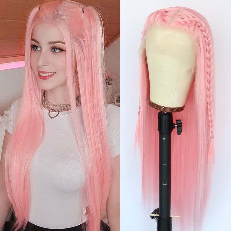 Oxeely Light Pink Synthetic Lace Front Wigs Long Straight Hair Pink Lace Wigs Natural Hairline Pre Plucked Glueless Synthetic Lace Wigs Heat Resistant Fiber Hair Light Pink Wigs for Women Daily Wear