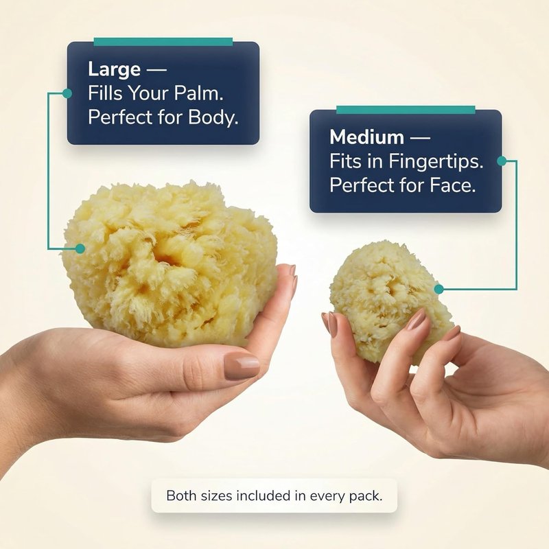 Real Sea Wool Sponges - Natural Bath & Face Sponge Set, 2 Pack | Large 6”-7” & Medium 3”-4” Hypoallergenic Organic Sponges