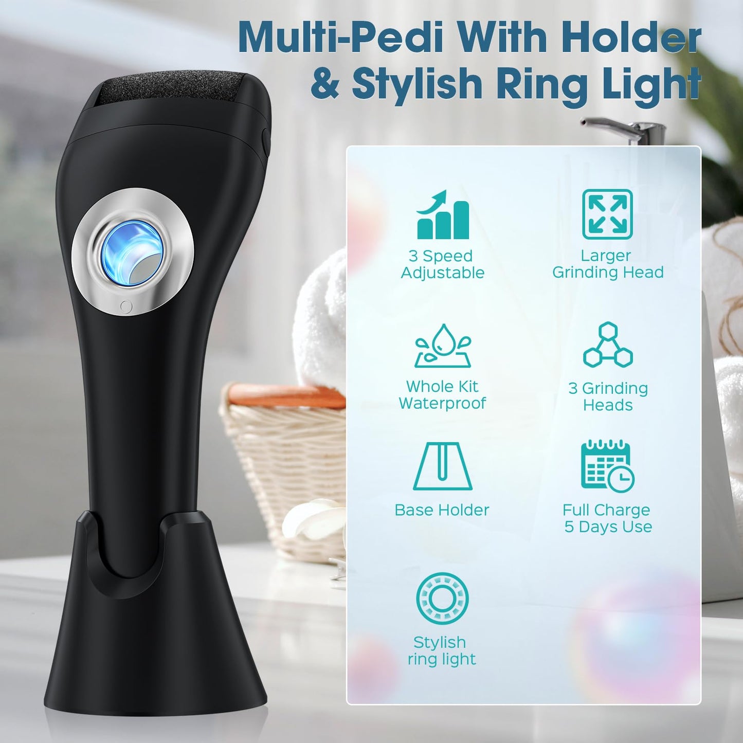 Electric Feet Callus Removers Rechargeable, Portable Electronic Foot File Pedicure Tools,Foot Callus Rmover,3 Speeds with Holder, Professional Pedi Feet Care Perfect for Dead,Hard Cracked Dry Skin