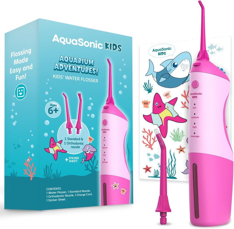 AquaSonic Kids' Water Flosser - 4 Flossing Modes, Orthodontic Nozzle | Pink Aquarium Adventures Design