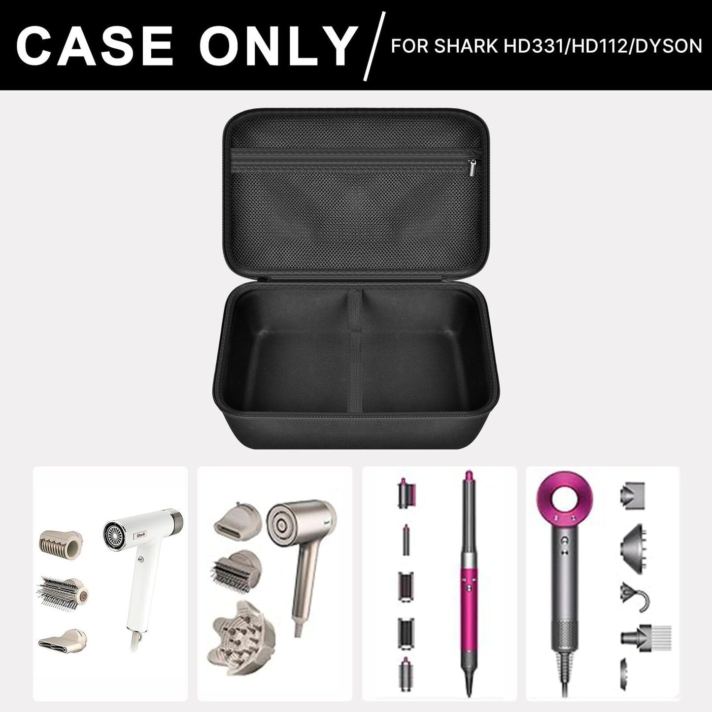Hair Dryer Case for Shark HD112BRN & HD331 HyperAIR IQ 2-in-1 Concentrator, Storage Pouch for Dyson/Shark Flexstyle Styler Attachments and Clips, Black