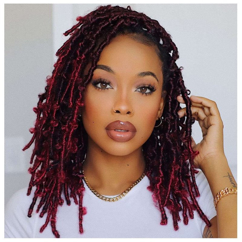 6 Packs Crochet Butterfly Locs Crochet Hair 12 Inch Burgundy Red Distressed Crochet Braids Soft Butterfly Faux Locs Crochet Hair Extension (12Inch,1B/BUG)