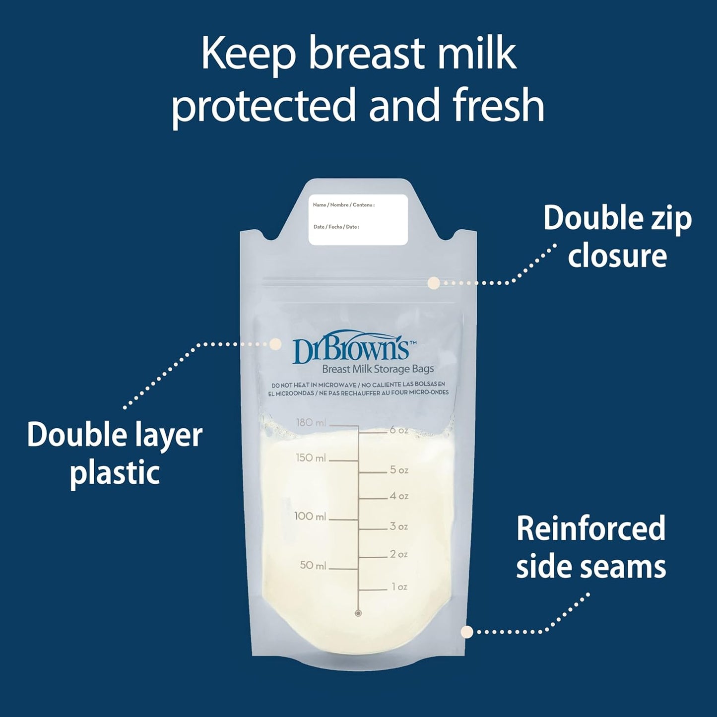 Dr. Brown’s Breast Milk Storage Bags - Durable Disposable Freezer Bags | 100 Count, 6 oz, BPA-Free