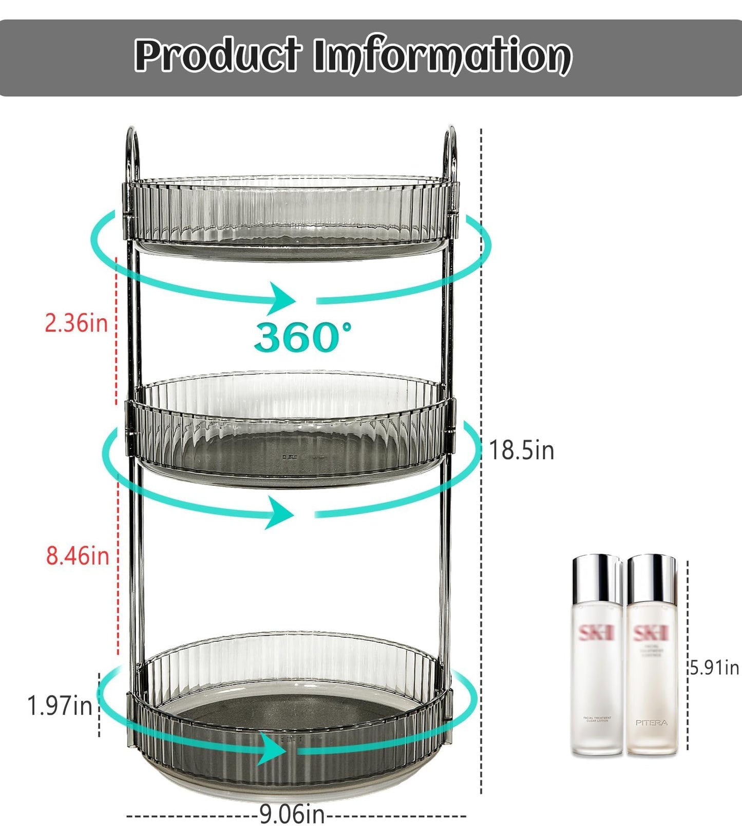 Skincare Organizers 360 Rotating, 3 Tier Round Makeup Organizer Countertop,Holder Rack Large Spinning Cosmetics Display Cases, Perfume Beauty Storage for Vanity, Countertop, Bathroom (Gray)