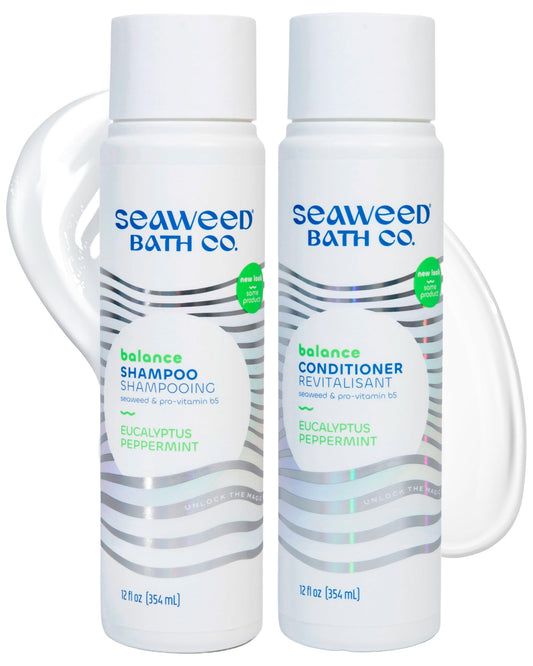 Seaweed Bath Co. Balance Shampoo and Conditioner Set - Eucalyptus Peppermint - Nourishing Hair Care with Vitamin E, Argan Oil, Coconut Oil - For Normal to Oily Hair - 12 oz (Pack of 2)