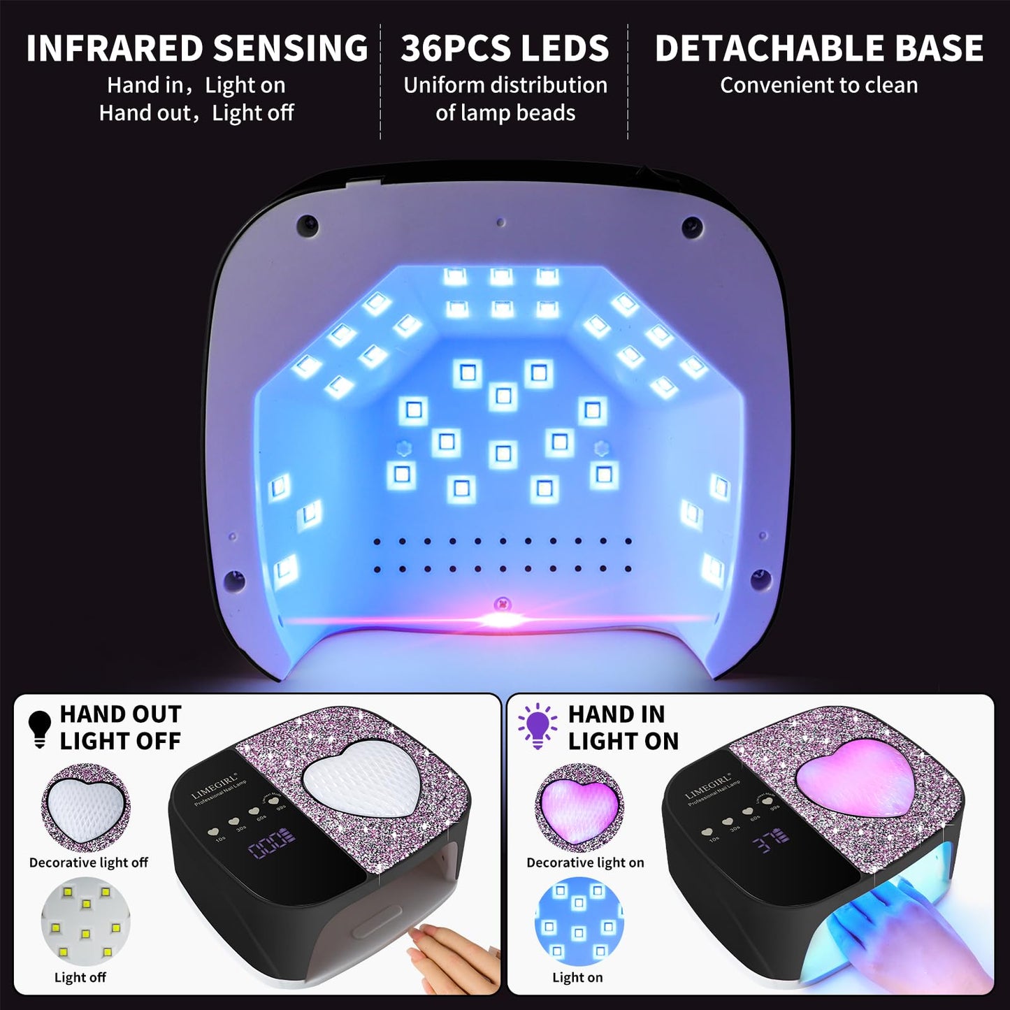 LIMEGIRL UV LED Nail Lamp Kit for Gel Polish Professional Fast Curing Black Dryer Light Set with 4 Timer Settings Cordless Rechargeable Nail Art Cure Machine for Manicure Pedicure at Home and Salon