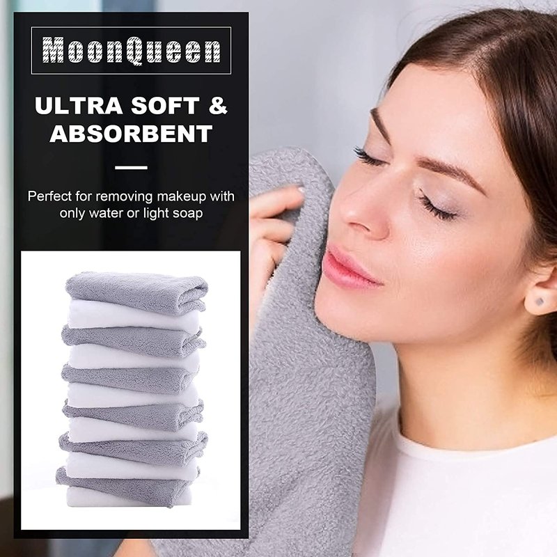 Moonqueen Microfiber Face Towels - Soft Makeup Remover Cloths | 30 Pack, White-Grey
