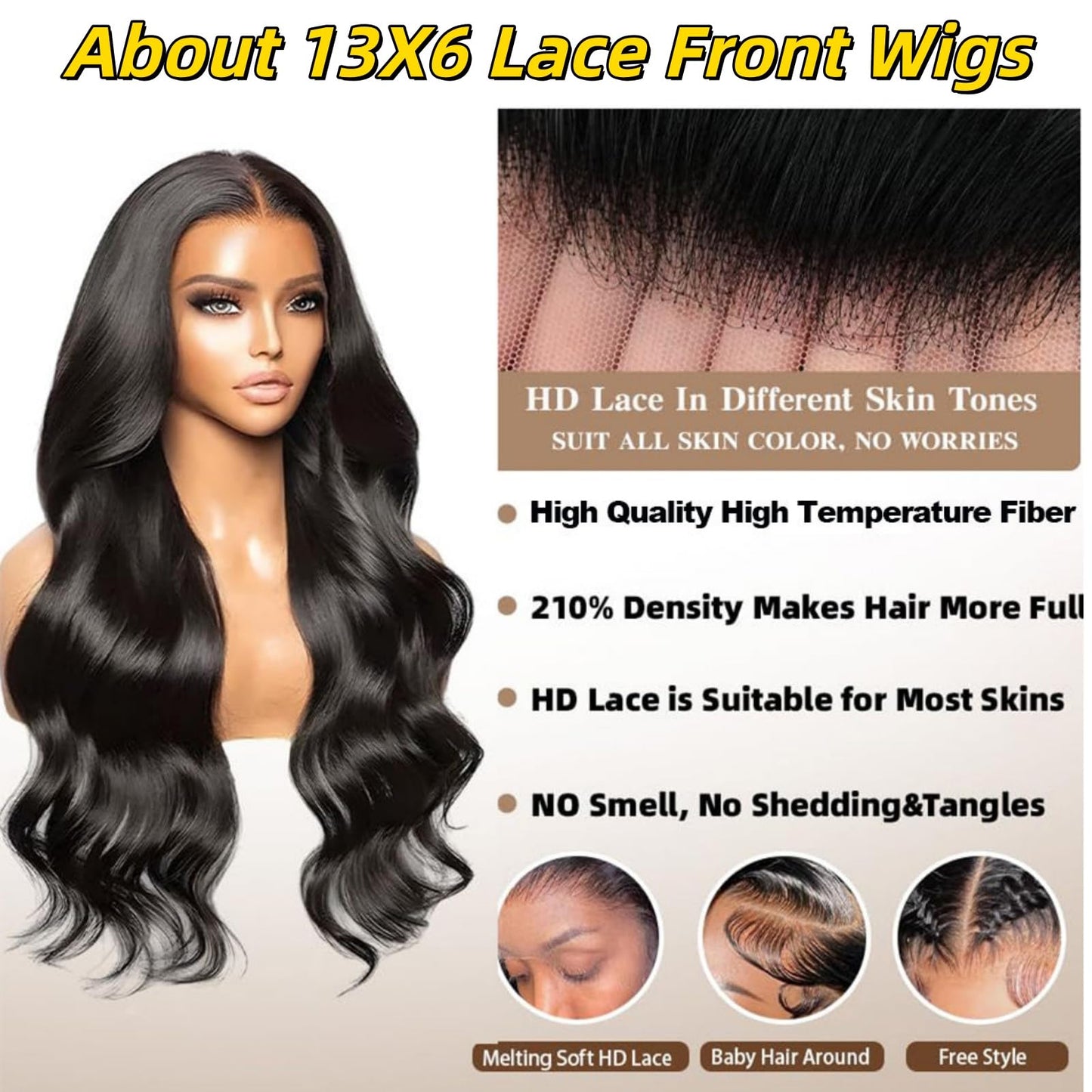 Marshey Synthetic Lace Front Wig 13X6 Lace Front Wigs for Black Women Wear and Go Glueless Wigs as Human Hair Pre Plucked Pre Cut Frontal Wig (Black, 26 Inch)