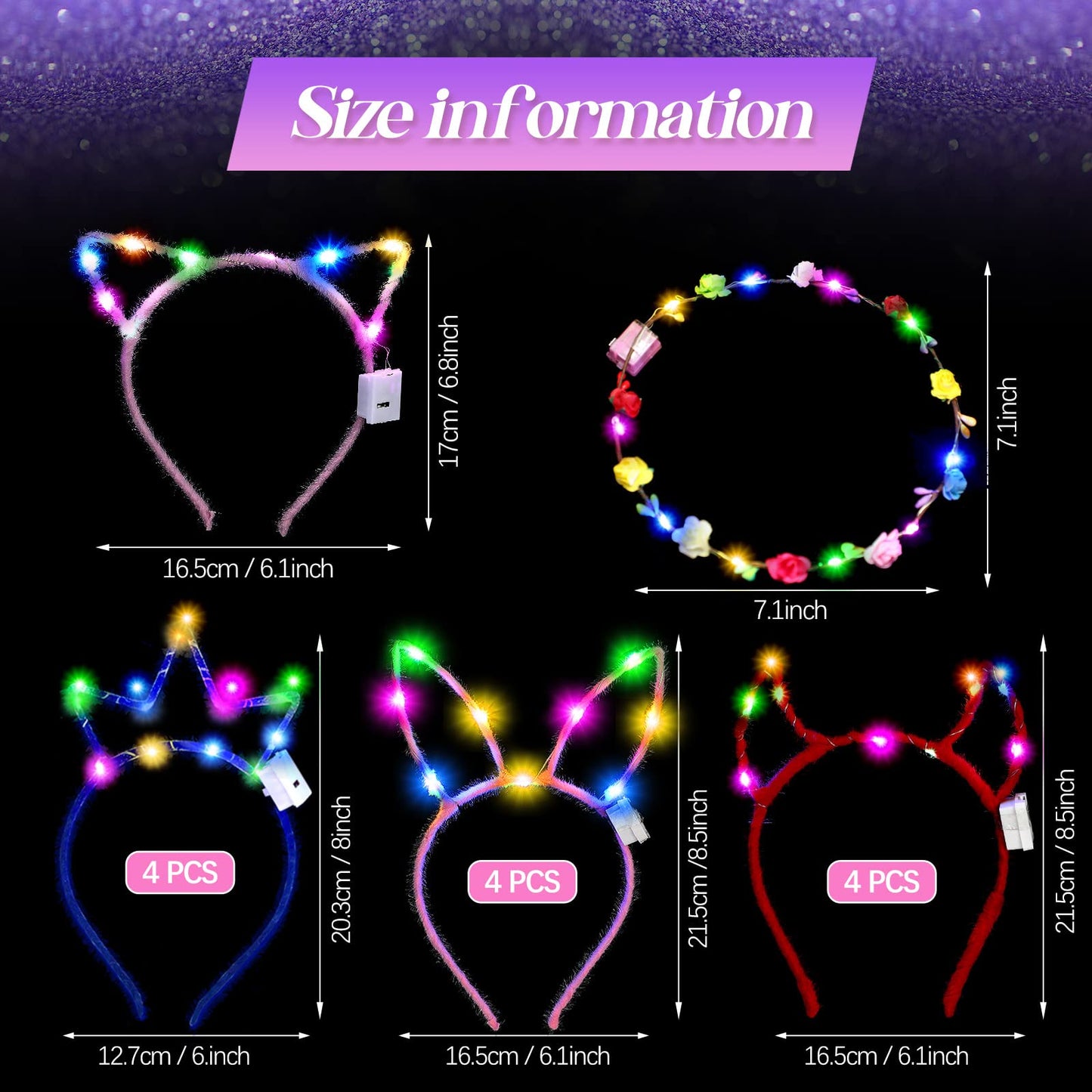 Xinnun 50 Pcs LED Cat Ear Headbands Bulk Light Up Flower Glow Crown Rabbit Ear Neon Hair Accessories for Glow in the Dark Rave Party (Cat)