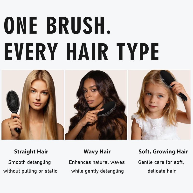 Boar Bristle Brush for Women, Men & Kids, Detangling Brush for Thick, Thinning, Dry or Wet Hair with Nylon Pins, Smooth & Shine Brush for Long Styles and Extensions – Black