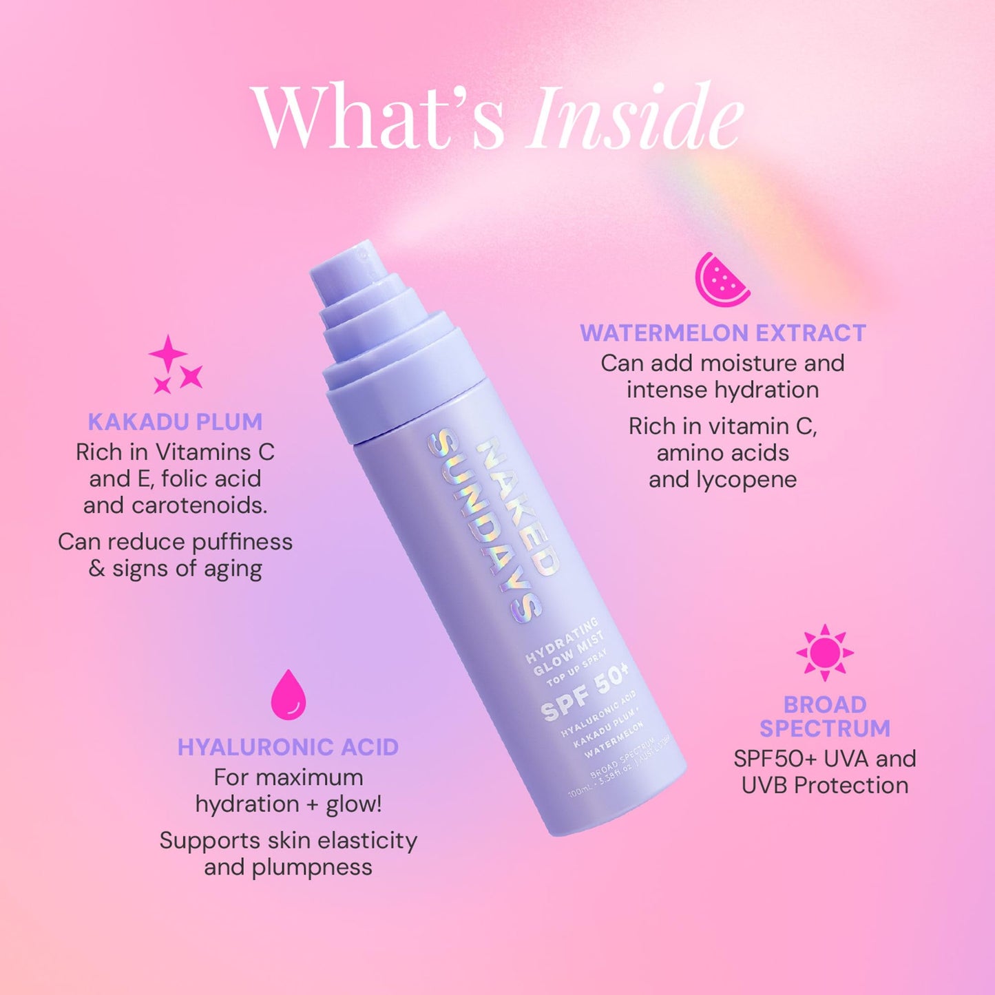 Naked Sundays SPF 50 Hydrating Glow Face Mist, Sunscreen Setting Spray & SPF Mist for Face, Makeup Setting Spray with Hyaluronic Acid, Lightweight, Non-Greasy Hydration, 75ml