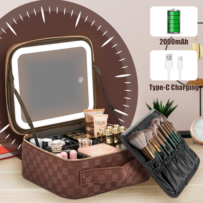 Extrei Gent Makeup Travel Train Case with Mirror LED Light 3 Adjustable Brightness Large Cosmetic Bag Portable Storage Adjustable Partition Waterproof Makeup Brushes Make up Jewelry Gift for Women