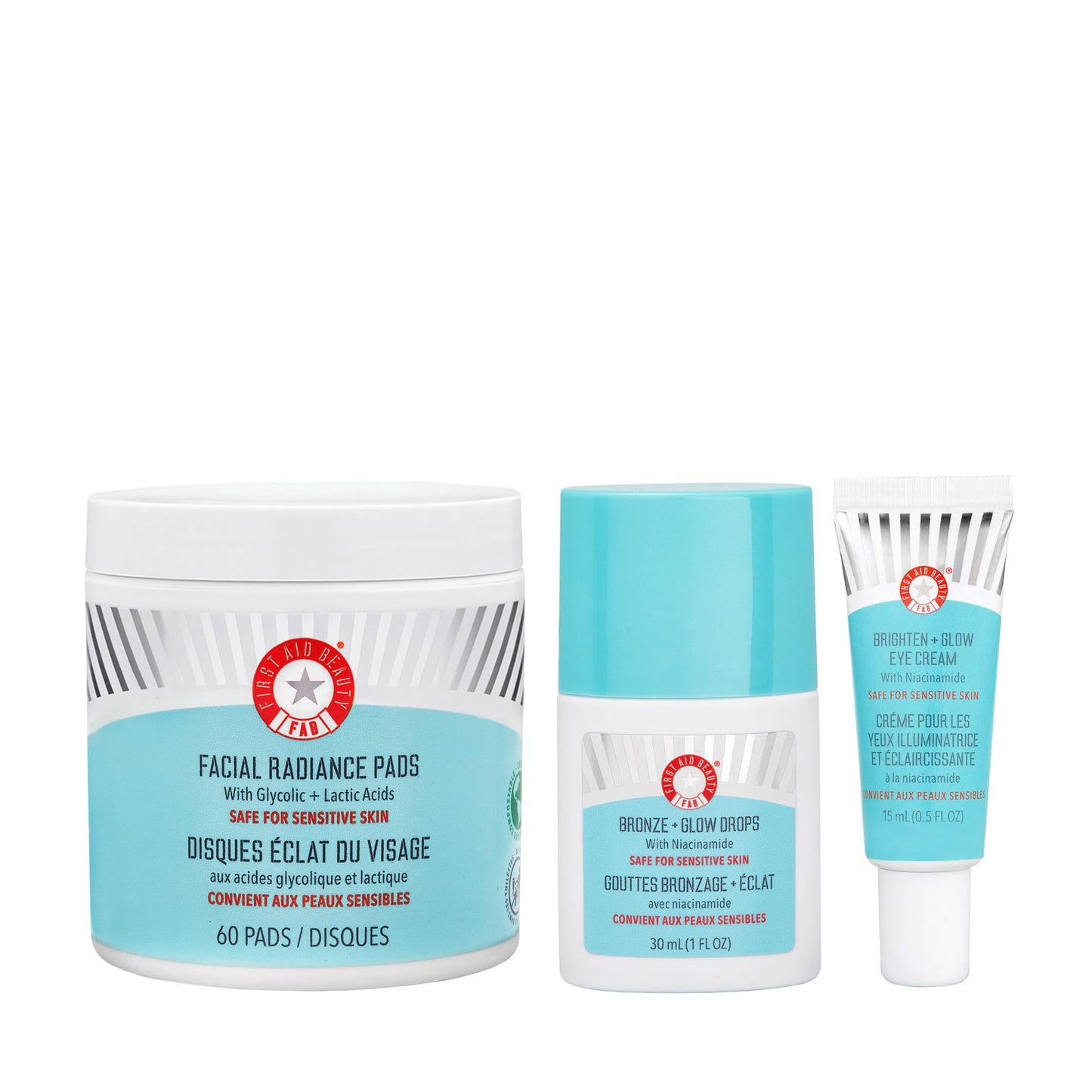 First Aid Beauty Vacation Glow Virtual Bundle: Exfoliate, Hydrate, and Brighten Skin with Facial Radiance Pads (60 ct), Bronze + Drops with Niacinamide (0.5 oz), Brighten + Glow Eye Cream (1.7 oz)