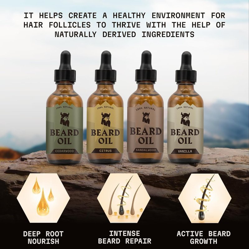 Striking Viking Beard Oil for Men - 2.64 Fl Oz, Pack of 4 - Barber-Style Softening Infusion - Encourages Fuller Beard Growth - Featuring Sandalwood, Vanilla, Cedarwood, Citrus Oil