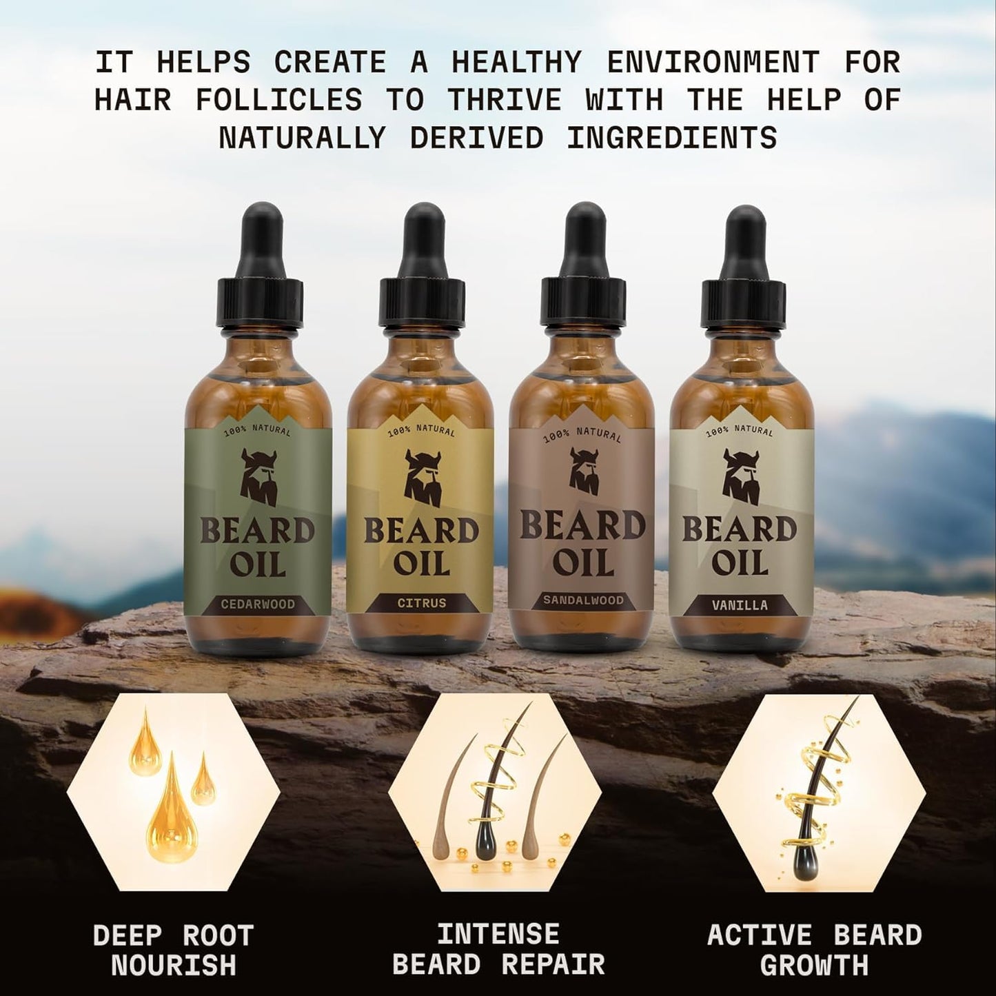 Beard Folding Wooden Comb and 4 Pack Beard Oil for Men - By Striking Vikings