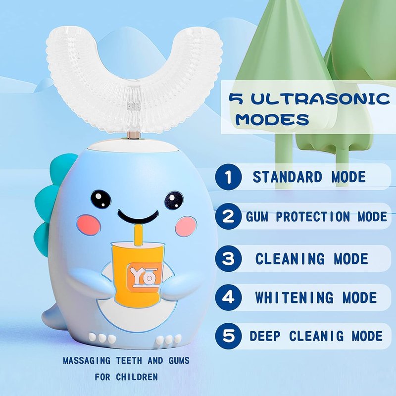 Kids U Shaped Electric Toothbrush - Sonic 360-Degree Cleaning, 5 Modes, IPX7 Waterproof | Cartoon Dinosaur Design (Ages 2-6, Blue)