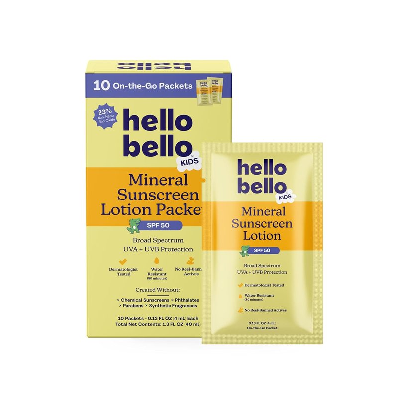 Hello Bello Kids SPF 50 Mineral Sunscreen Lotion - Travel Packets for UVA/UVB Protection - 10 Count