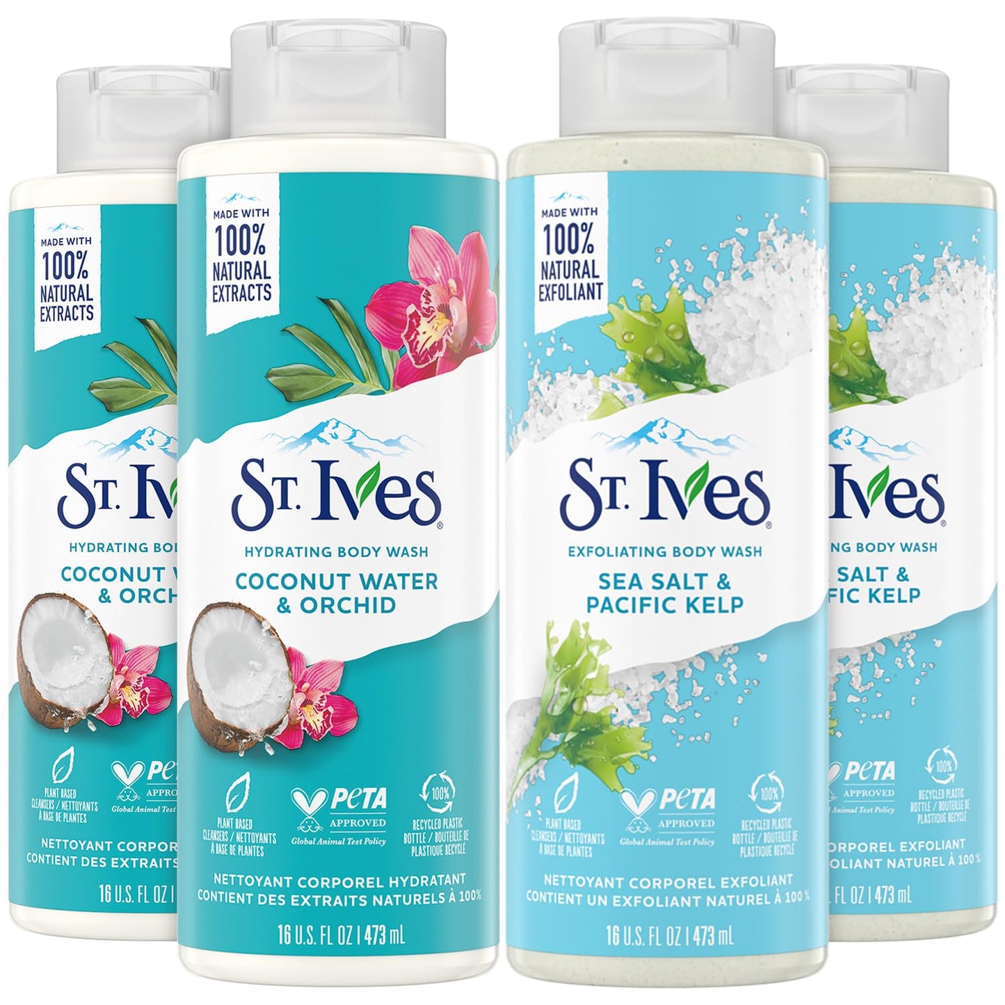 St. Ives Body Wash Variety Pack | Hydrating Coconut Water & Orchid, Exfoliating Sea Salt, 16 Oz Each (4 Pack)