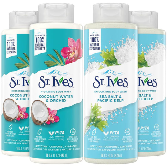 St. Ives Body Wash Variety Pack | Hydrating Coconut Water & Orchid, Exfoliating Sea Salt, 16 Oz Each (4 Pack)