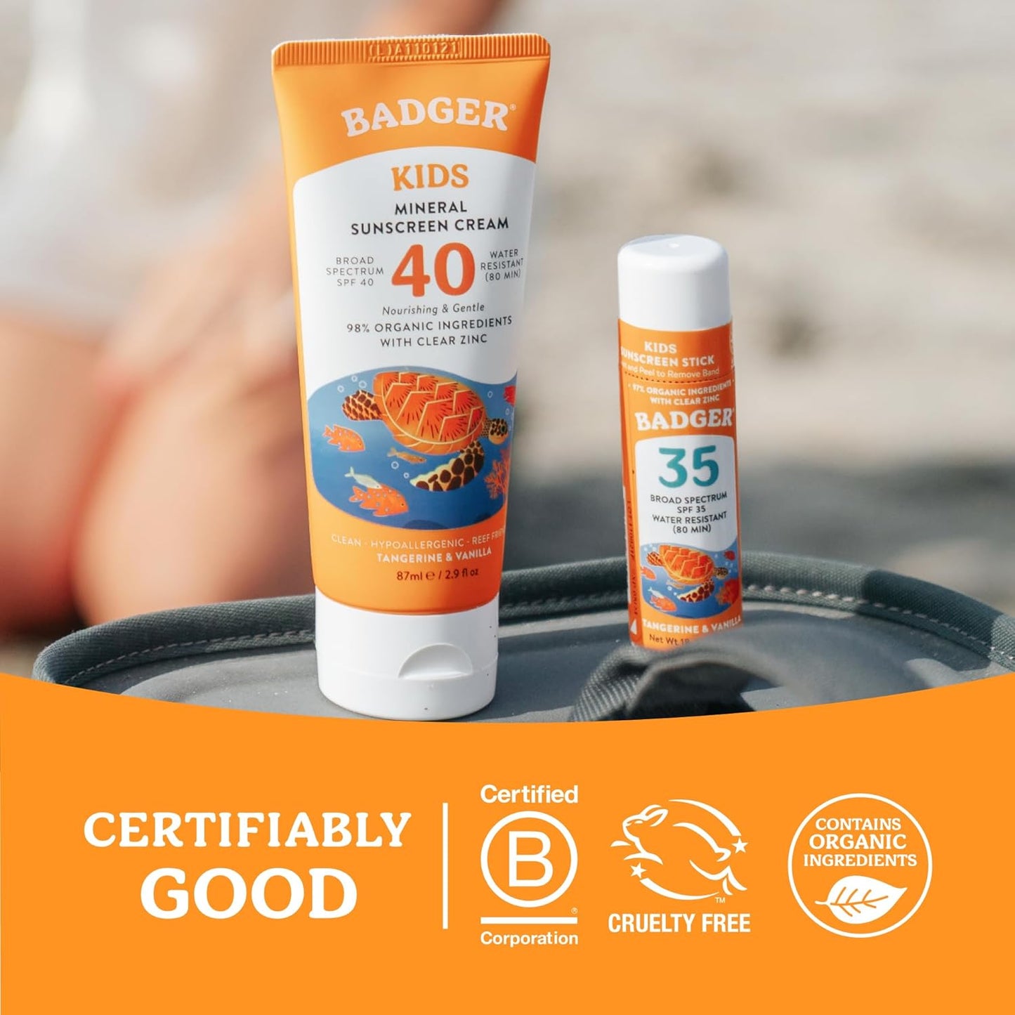 Badger Kids Mineral Sunscreen - SPF 40 Cream & SPF 35 Face Stick | 98% Organic, Water Resistant, Reef Safe, Tangerine & Vanilla Scent