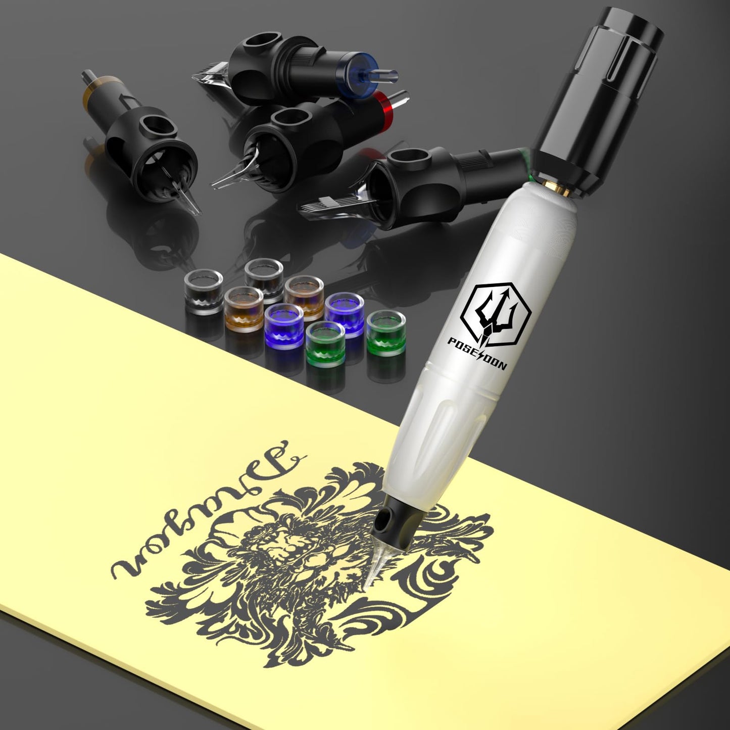 POSEIDON Wireless Rotary Tattoo Machine Kit with 20 Tattoo Cartridge Needles, Ink Set & 2 Rechargeable Batteries | Professional Portable Tattoo Gun for Beginners | Complete Starter Supplies
