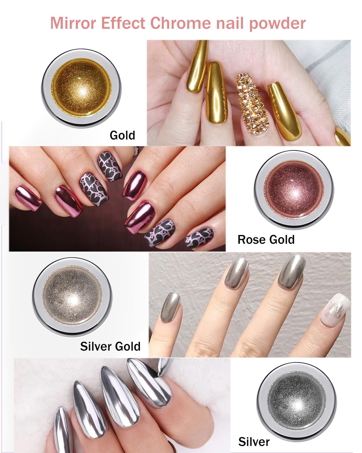 6 Chrome Nail Powder, Mirror Effect, Laser Chrome Pearl White, Glazed Donut Dust