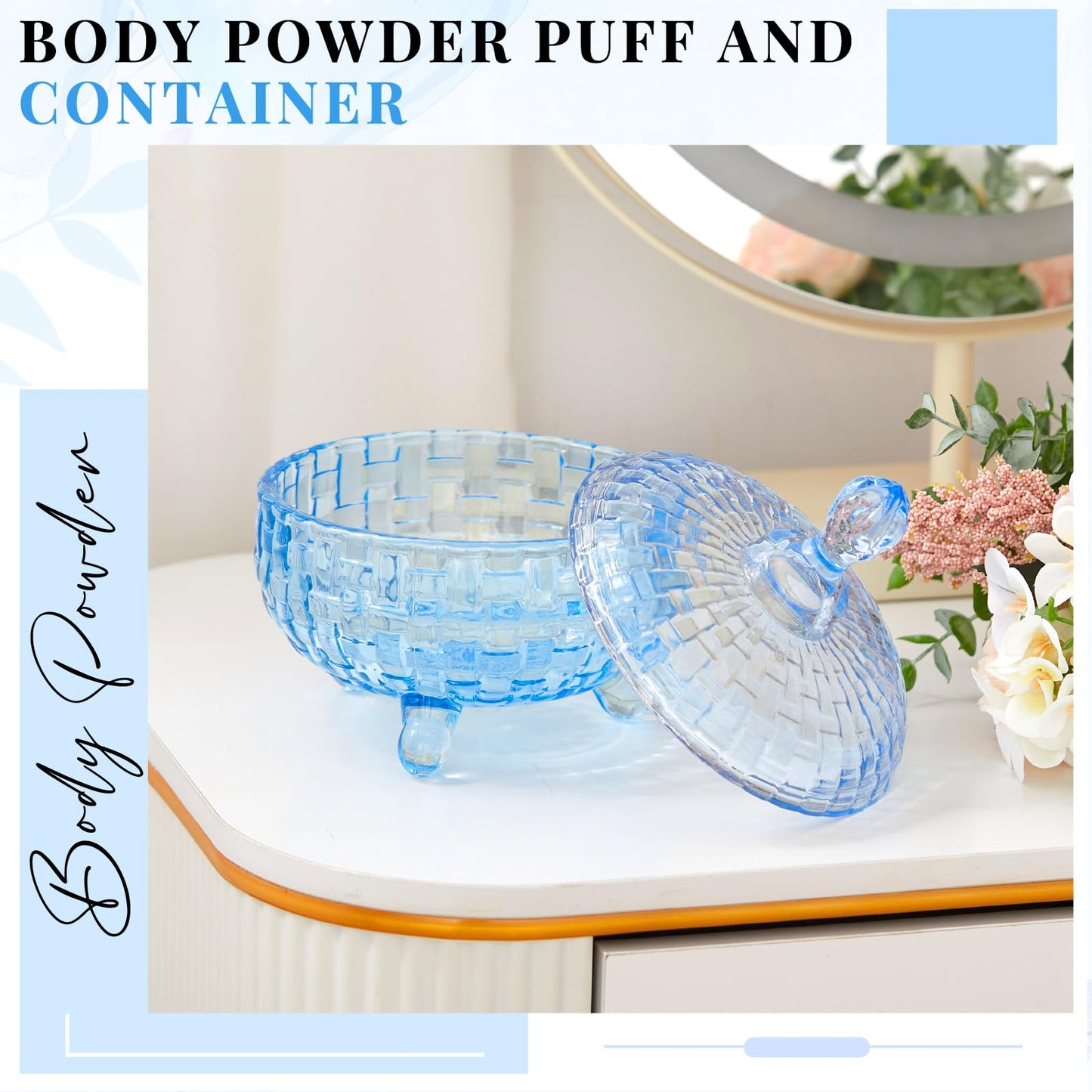 Tioncy 2 Pcs Extra Large Dusting Powder Puff and Container for Women-6'' Glass Crystal Dusting Powder Container with Body Soft Washable Reusable Velour Face(Blue,Weave Design)