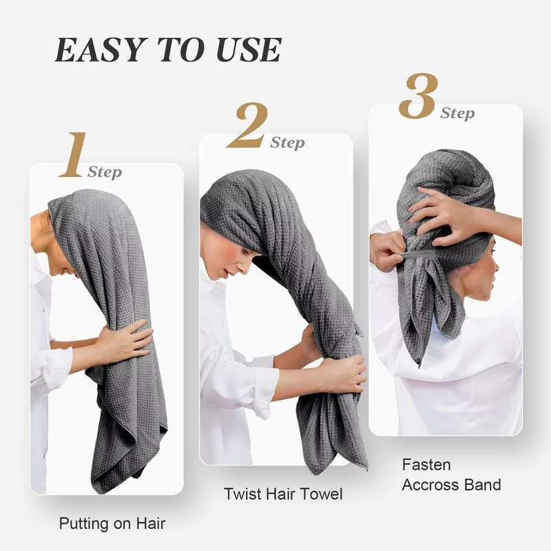 BEoffer 2 Pack Microfiber Hair Towel - 41 x 24 inches Super Soft, Absorbent, Fast Drying Without Frizz Hair Towel Wrap for Women Long, Thick, Curly Hair - Hair Turbans with Elastic Strap