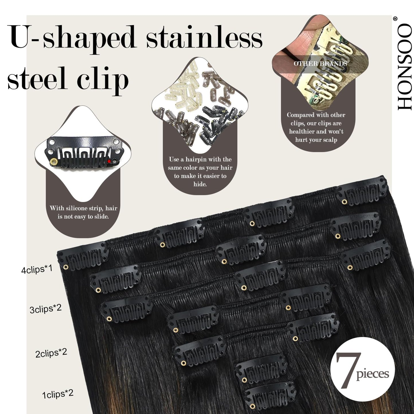 Honsoo Clip In Hair Extensions Real Human Hair Natural Black to Chestnut Brown 70g 7pcs 12inch Short Remy Human Hair Seamless Clips Soft Hair No Tangles