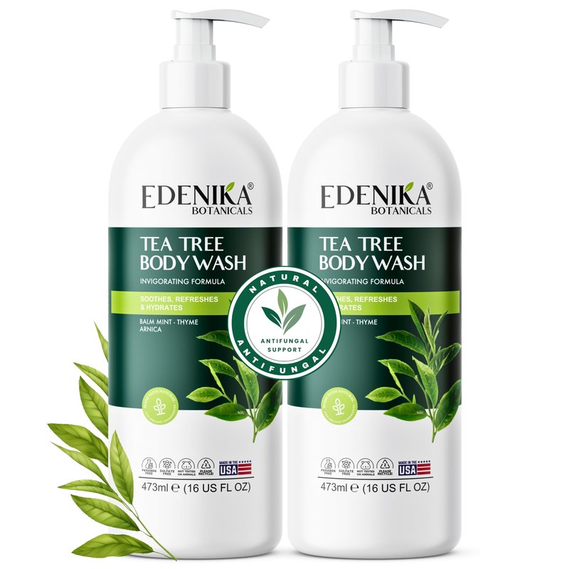 EDENIKA BOTANICALS Tea Tree Body Wash 16 fl oz (2 Pack) Natural Antifungal Support Wash for Athlete’s Foot, Ringworm & Jock Itch, Refreshes & Soothes, Organic Tea Tree Oil, Men & Women