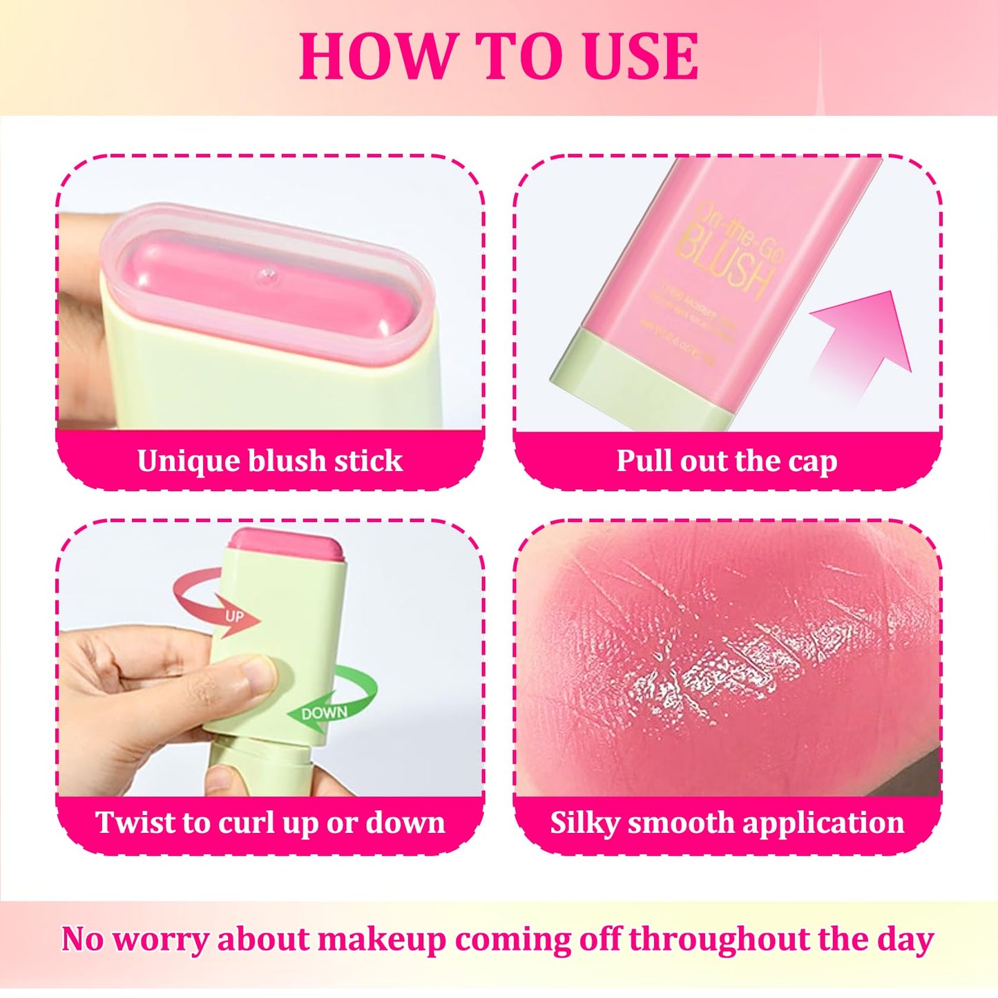 3PCS Blush Stick for Cheeks,Multi-use Solid Matte Makeup Stick Blush Cream for Cheek Eyes and Lips Tint,Moisturizing Tinted Cream Blush,Natural Blendable Cheek Blusher with 3 Makeup Sponges